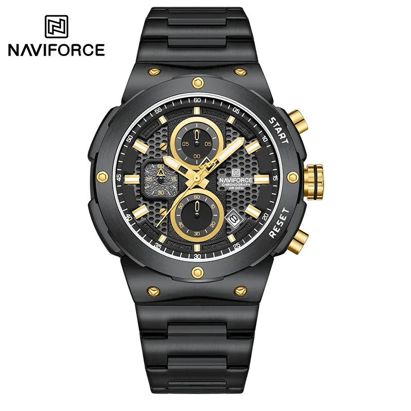 Reloj NAVIFORCE de lujo para hombre, con cronógrafo de cuarzo, luminoso, calendario, resistente al agua, de acero inoxidable, estilo deportivo y militar.