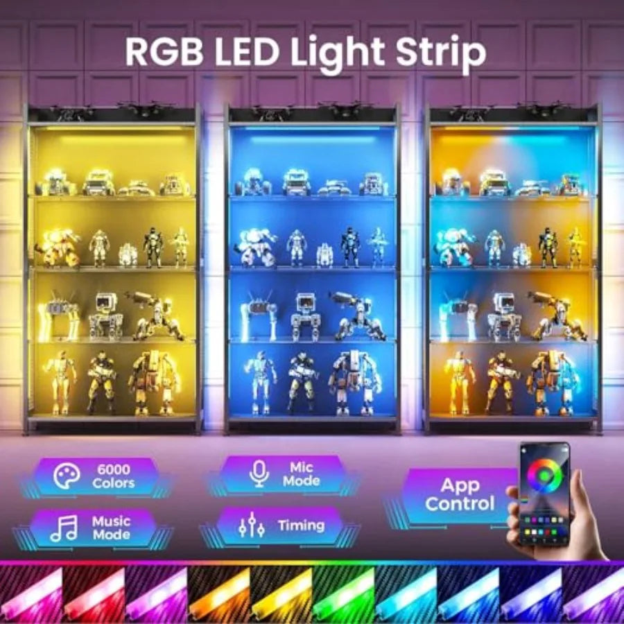 Vitrina de estantes de vidrio con luces LED RGB multicolor que iluminan las figuras