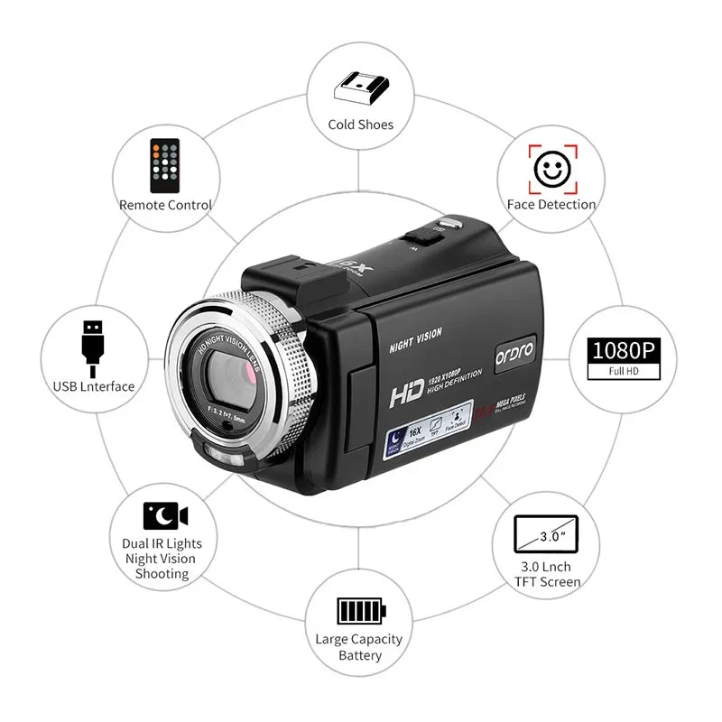 Cámara de vídeo digital portátil para vlogs, videocámara doméstica, filmadora, con visión nocturna HD 1080P, ideal para YouTube, blogueros y fotógrafos.