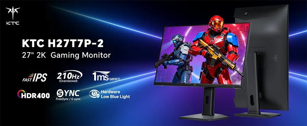 KTC H27T7P-2 Monitor para juegos IPS rápido QHD de 27 pulgadas 2560x1440 210Hz con overclocking 1ms MPRT HDR400 Adaptive Sync FreeSync G-Sync 400cd/m² 131% sRGB Soporte ergonómico Altura ajustable VESA Doble HDMI DP Luz az