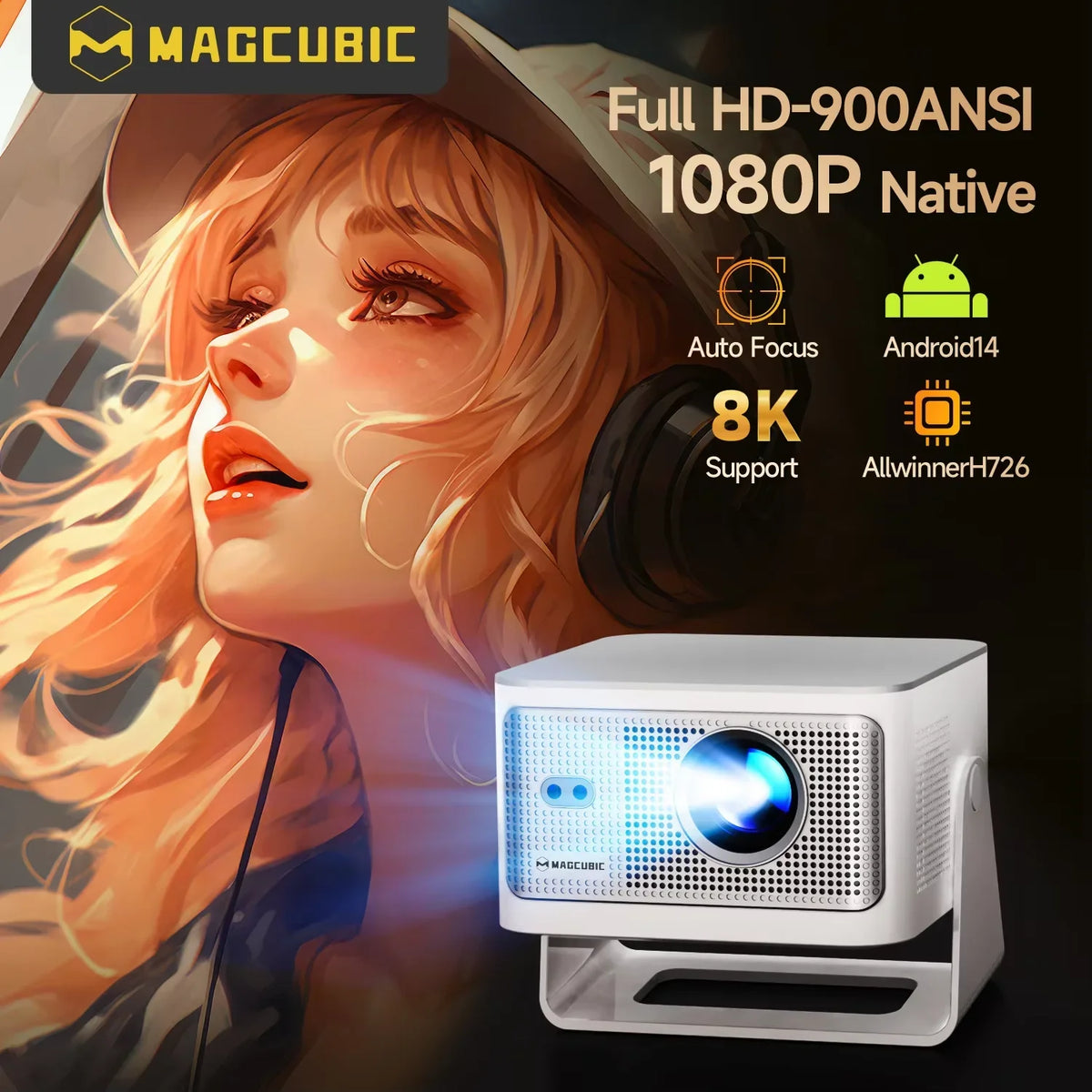 Proyector Magcubic con Enfoque Automático, Android 14, 4K, 900 Ansi, 8K Nativo, 1080P, Hy350Max con Wifi 6, Bluetooth 5.4, 16 GB, Allwinner H726, Portátil, para Exteriores