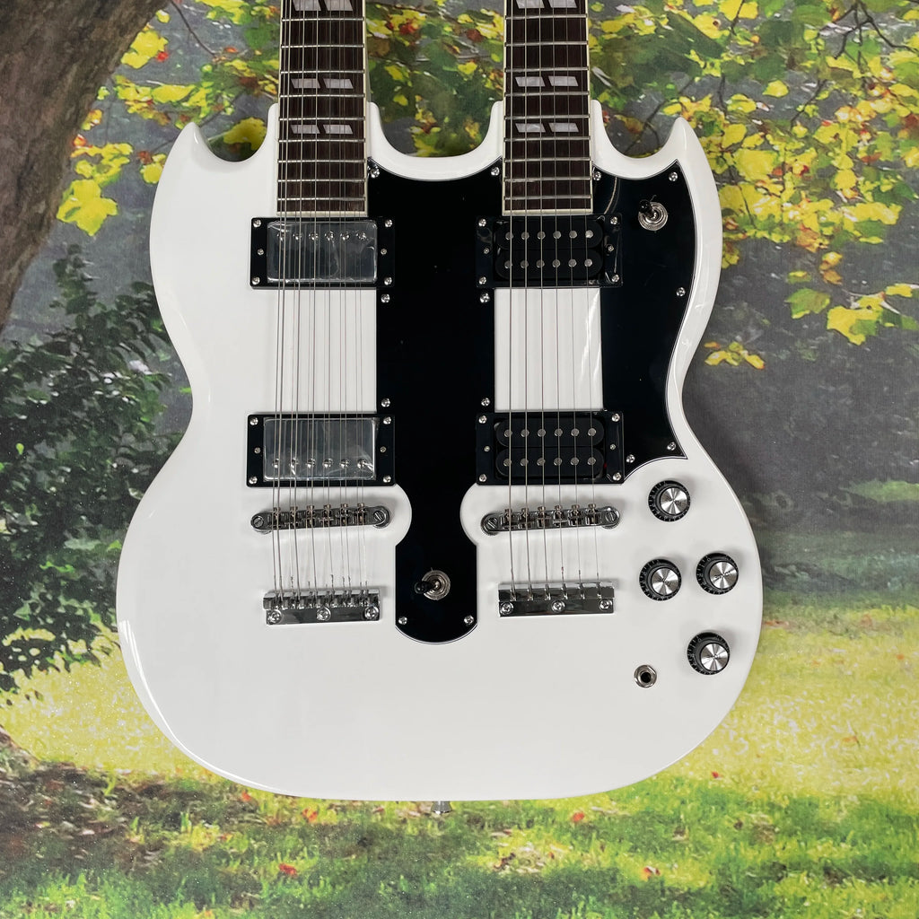 Guitarra eléctrica blanca 12+6, diapasón de palisandro con marcadores de trastes cuadrados, guitarra eléctrica de 20 trastes para toque rápido.