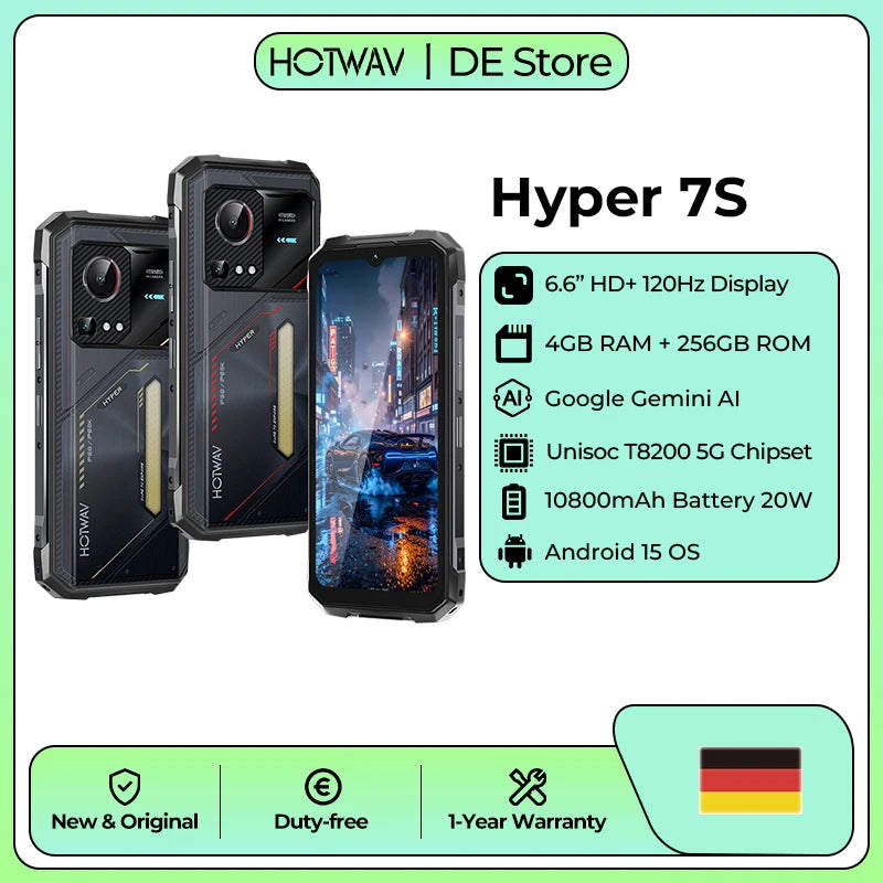 Teléfono resistente HOTWAV Hyper 7S con pantalla de 6.6'' a 120Hz, Android 15 Gemini, batería grande de 10800mAh, carga rápida de 20W, versión global 5G, smartphone de 4GB + 256GB, luz RGB dinámica y superlinterna para camping