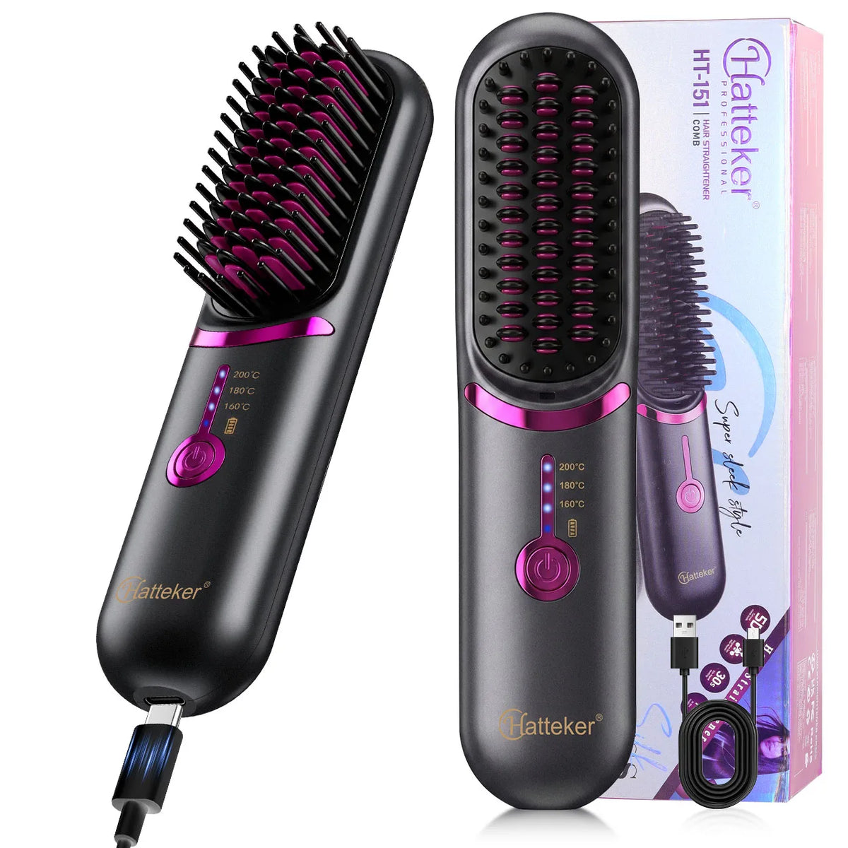 Cepillo Alisador de Cabello Inalámbrico Recargable, Peine Caliente Portátil con 3 Ajustes de Temperatura para un Cabello Liso y Alisado