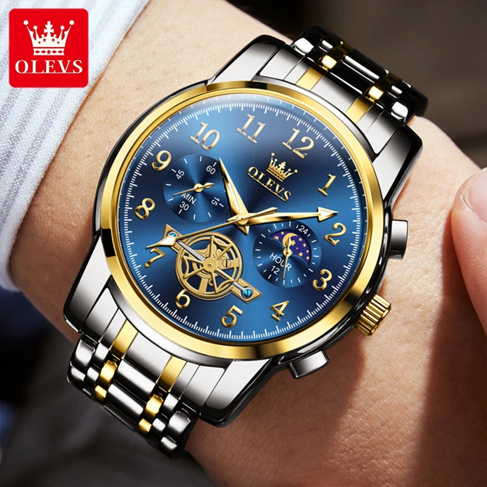 Reloj OLEVS 2900 de fase lunar para hombre, de acero inoxidable, resistente al agua, luminoso, a la moda, esqueleto, cronógrafo, reloj de cuarzo para hombre, NUEVO