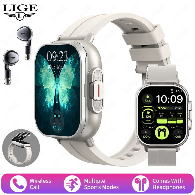 LIGE TWS Headphones Smartwatch 2 In 1 Headset Bluetooth Smart Watch 2.01" BT Call NFC GPS Tracker Heart Rate SpO2 Sport Bracelet