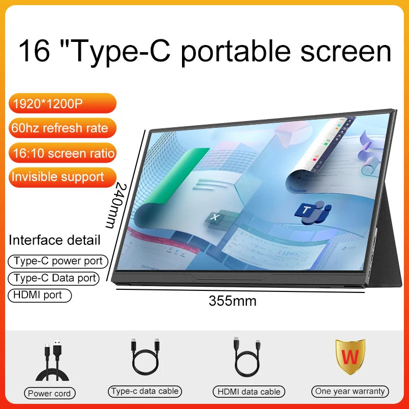 Lanlipu, monitor portátil de 14, 15,6 y 16 pulgadas, pantalla adicional ultrafina, resolución 1920 x 1200, para PC, teléfonos móviles, Xbox, Switch, PS4/5.