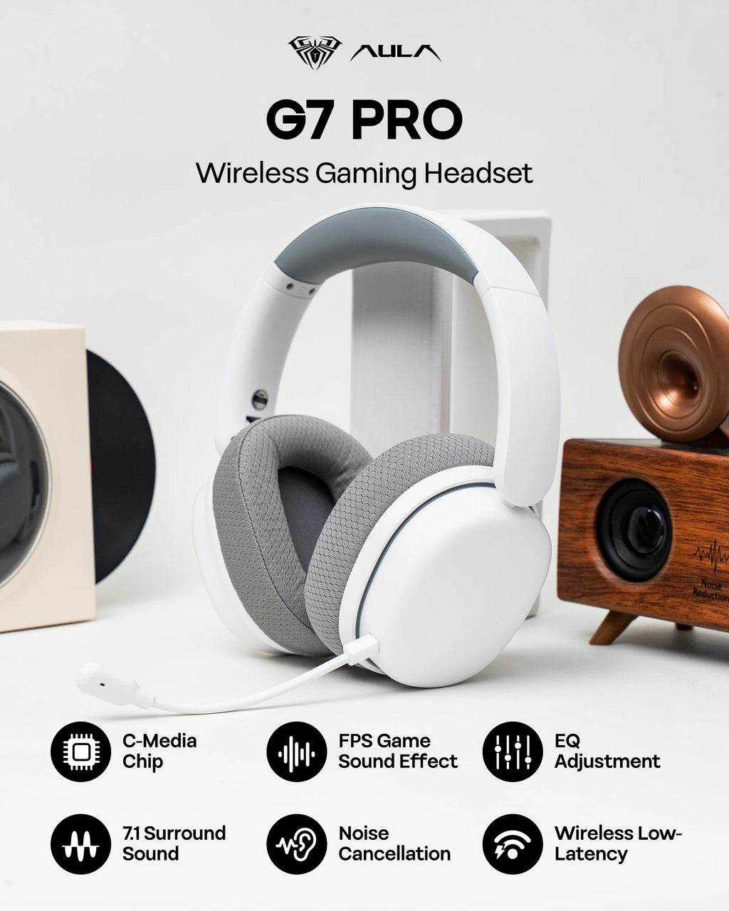 Auriculares gaming blancos con almohadillas grises y diadema acolchada
