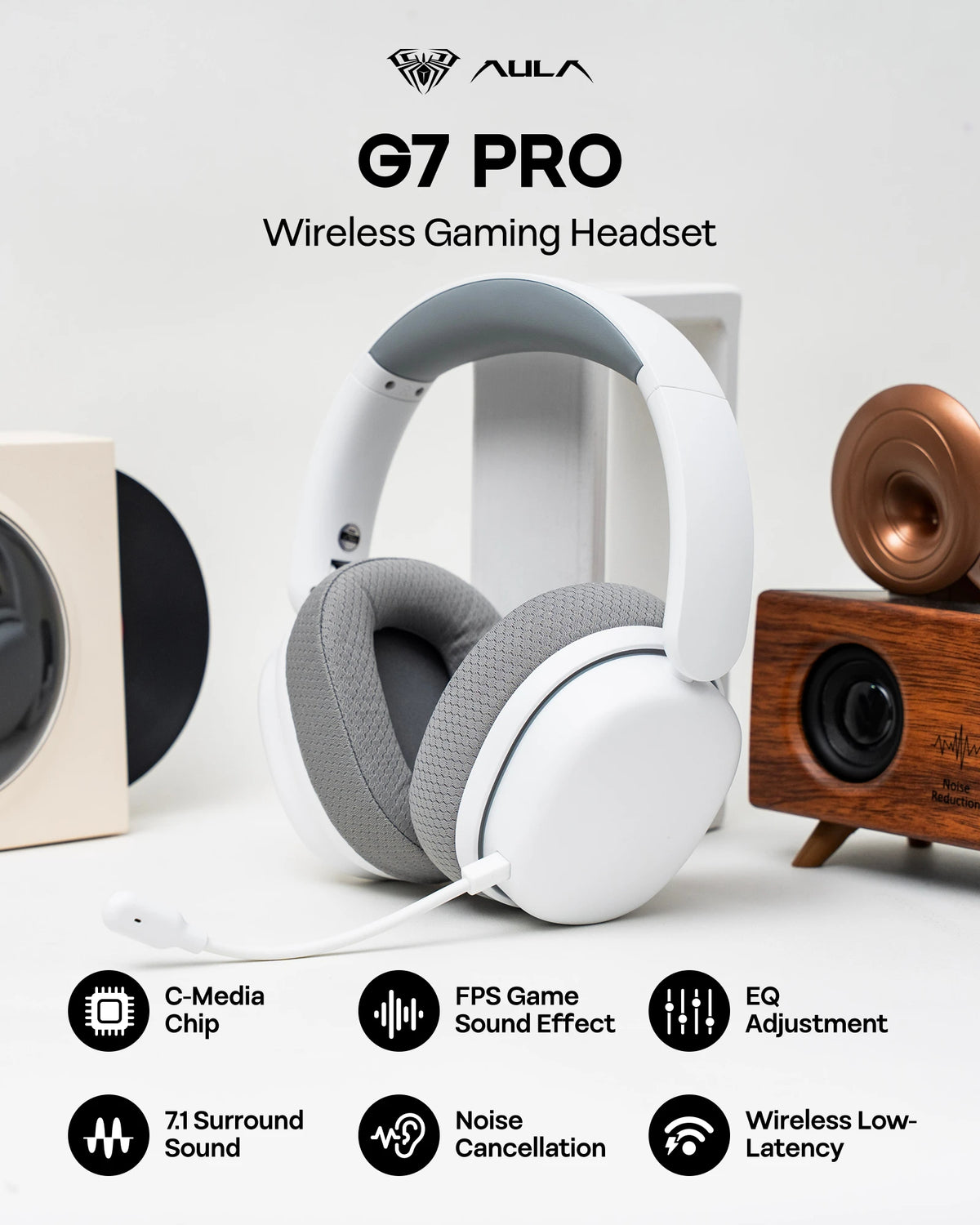 Auriculares gaming blancos con almohadillas grises y diadema acolchada