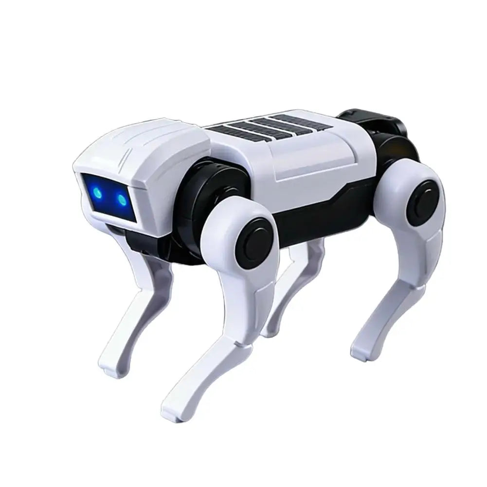 Perro robótico blanco con ojos LED azules y patas articuladas