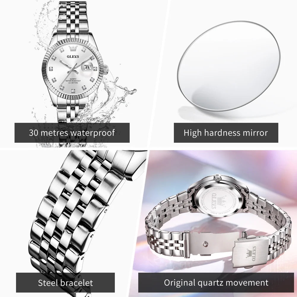 OLEVS Women's Watches Trend Fashion Silver Stainless Steel Original Brand Wristwatch Big Date Texture Threaded Bezel Waterproof