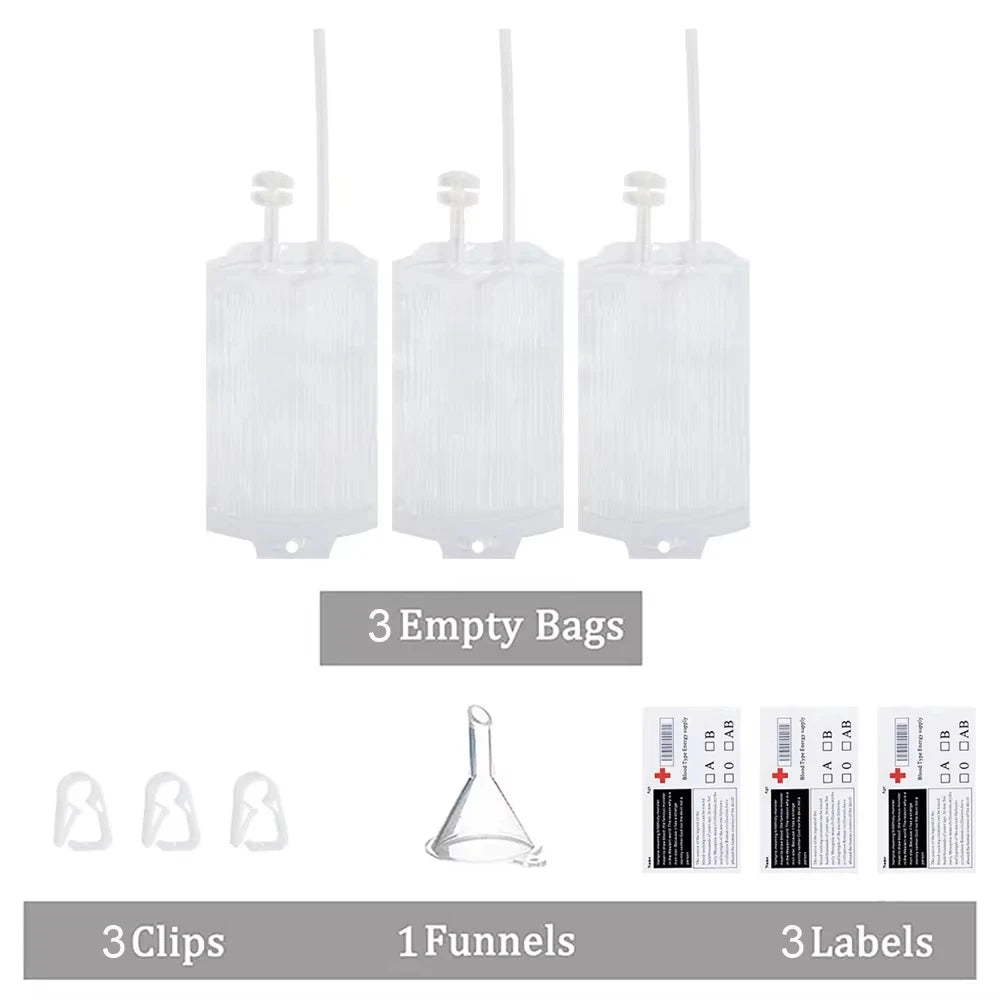 Bolsas de sangre de Halloween, bolsas de bebidas energéticas de 350 ml, bolsas de sangre de vampiro, bolsas de sangre para beber, accesorios de terror para cosplay