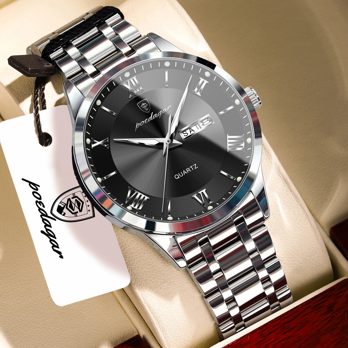 Reloj de pulsera para hombre POEDAGAR de moda, luminoso, impermeable, de acero inoxidable, con fecha y día, de cuarzo para negocios