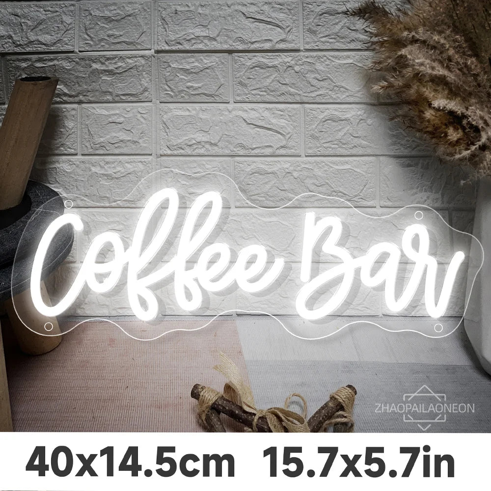 Letrero neón LED con texto «Coffee bar» en blanco