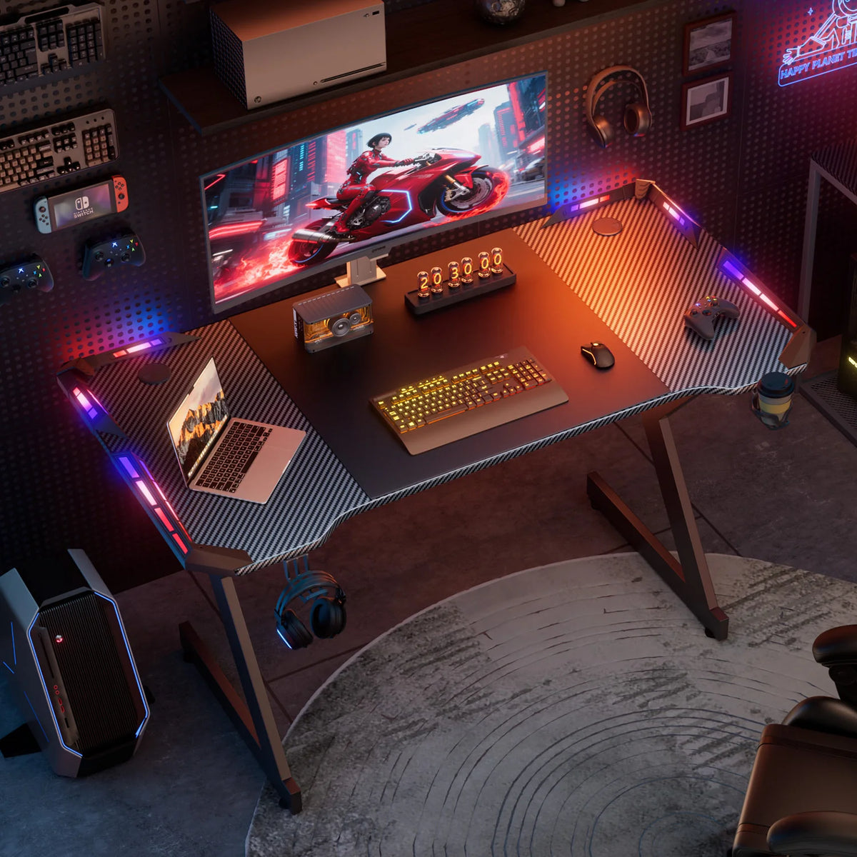 Escritorio gamer en Y con superficie texturizada y luces RGB; gancho para audífonos