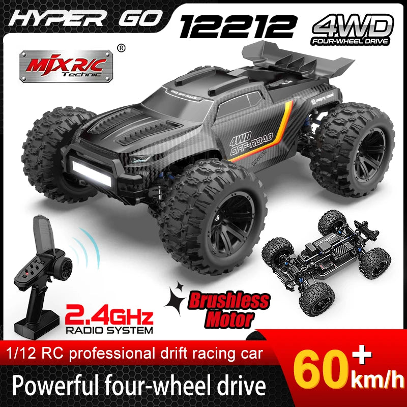 MJX 12212 HYPER GO 4WD 1:12 RC Car 60KM/H High-Speed Monster Truck RC Four-Wheel Drive Electric Brushless Vehicle 120m 3S battery 2.4G Remote Control Racing Car Bigfoot Climbing Off road Vehicle Toy Gifts For Kids ﻿