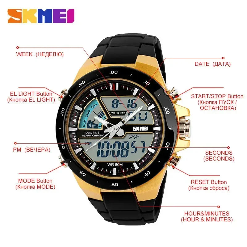 Skmei Relogio Masculino Sport Watch 1016 Men Fashion Casual Alarm Clock Waterproof Military Chrono Dual Display Wristwatches