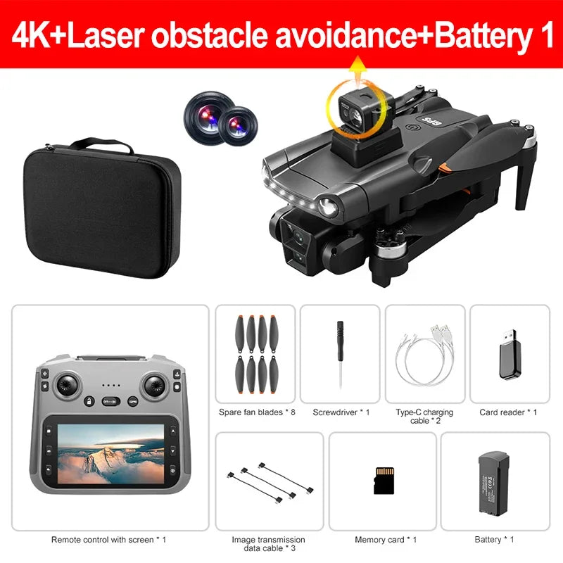 Drone cuádruple negro con cámara 4K, control remoto y batería incluida, estuche