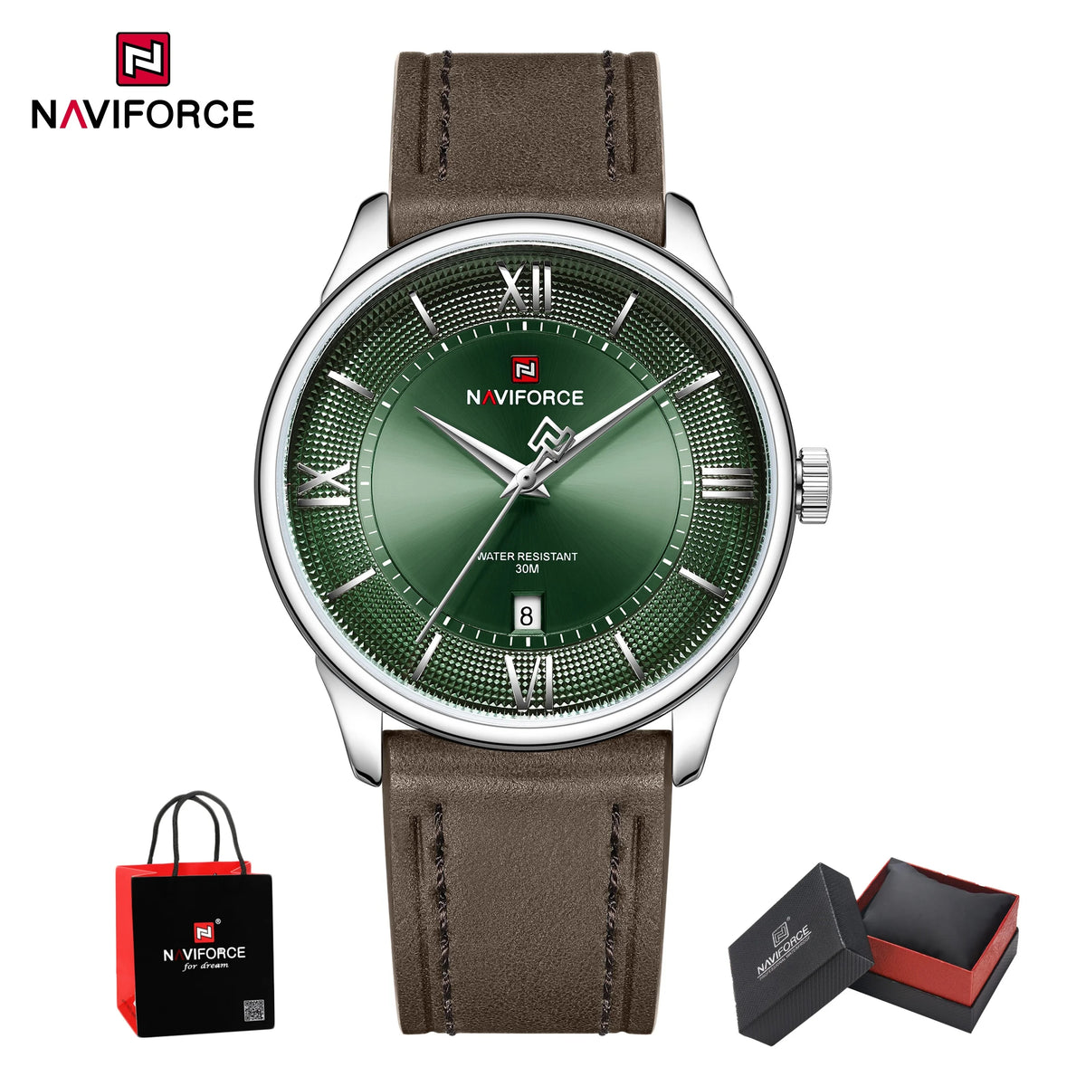 Reloj de cuarzo para hombre NAVIFORCE de negocios, resistente al agua 3ATM, correa de cuero auténtico, visualización de fecha, reloj de pulsera para hombre, caja de regalo