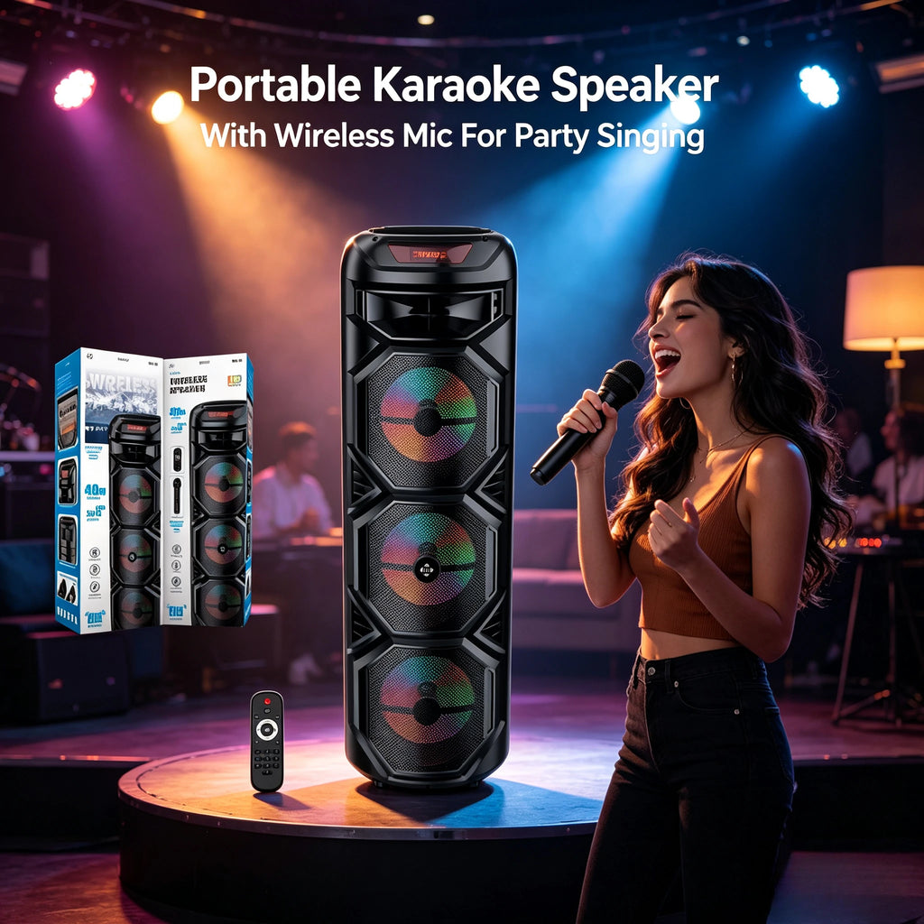Altavoz Bluetooth Inalámbrico de 40W, Sistema de Karaoke con Bajos Profundos de 3x8 Pulgadas, Micrófono Inalámbrico, Luz RGB, Recargable, Caja de Sonido para Fiestas al Aire Libre