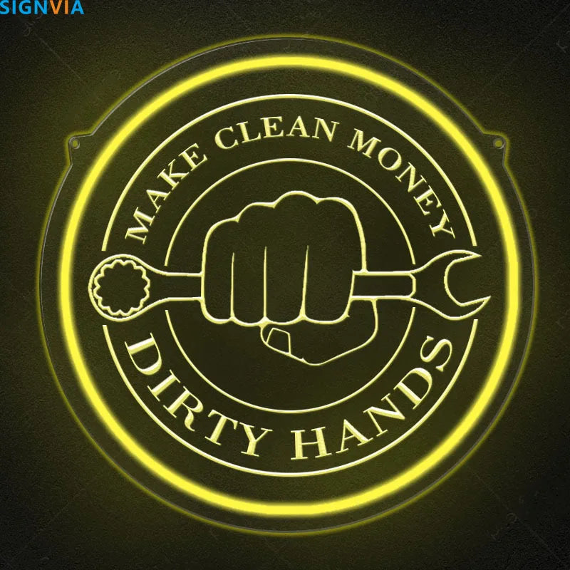 Cartel de neón circular USB con borde amarillo-verde, manos y “DIRTY HANDS”.