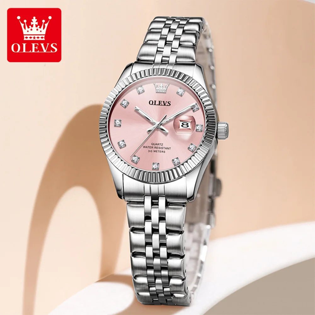 Reloj de mujer OLEVS 3705, resistente al agua 30M, reloj de cuarzo con fecha para mujer, espejo de alta dureza, escala de diamantes, reloj de lujo para dama