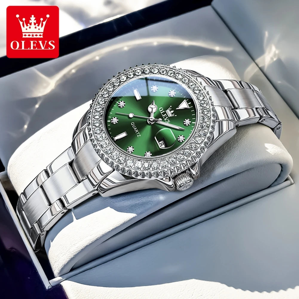 Relojes originales elegantes para mujer OLEVS 9945, reloj de cuarzo, resistente al agua, luminoso, con fecha automática, reloj para dama, regalo, bisel con diamantes