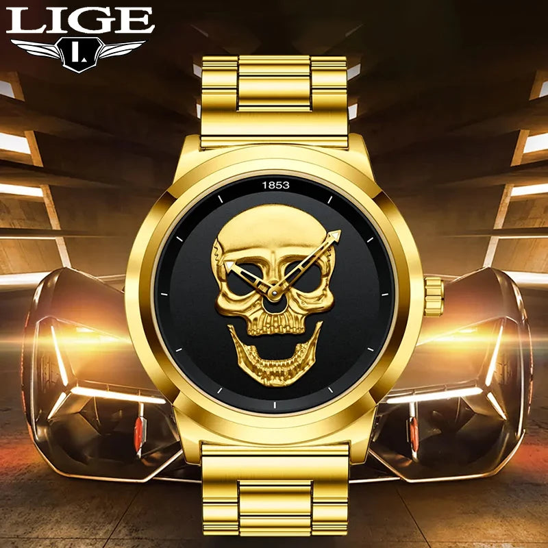 Reloj de cuarzo LIGE de marca de lujo para hombre, diseño creativo de calavera 3D esqueleto, acero inoxidable, deportivo, informal, resistente al agua + caja