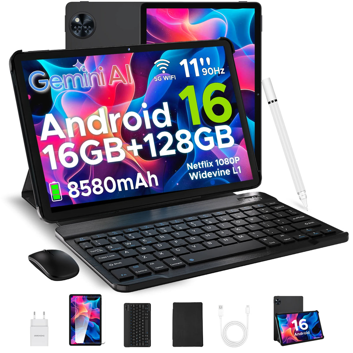 Tablet PC DOOGEE U11 con Android, pantalla ultraclara de 16 pulgadas y 90Hz, 4 GB de RAM, 128 GB de ROM, batería de 8580 mAh, altavoz dual, compatible con Widevine L1
