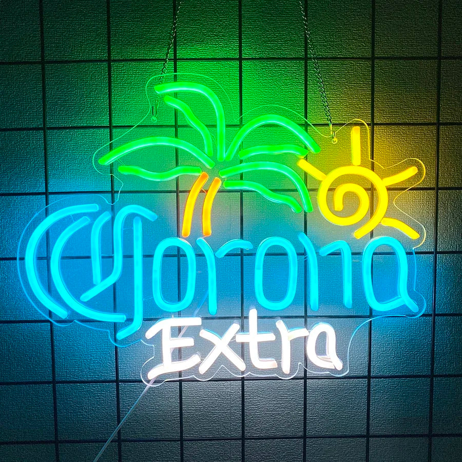 Letrero de neón Corona Extra con palmera verde, sol amarillo y “Corona” azul sobre “Extra” blanco