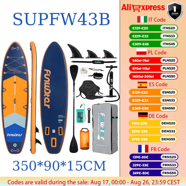 Tabla de Paddle Inflable Ultraligera Funwater SUPFW43B 350*90*15, para Entretenimiento, Yoga, Pesca, Surf para Adultos, Antideslizante