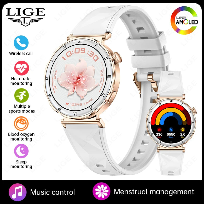 Reloj inteligente LIGE con pantalla AMOLED HD ultra delgada de 1.19", rastreador de ejercicios, llamadas Bluetooth, monitor de frecuencia cardíaca y resistente al agua para mujeres