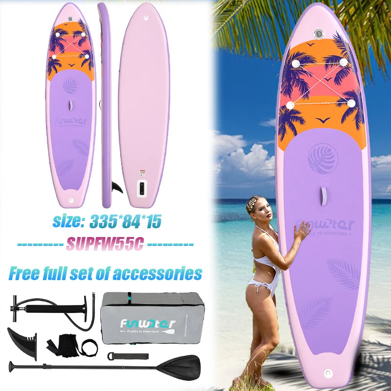 SUP hinchable Funwater SUPFW55C, 335x84x15 cm, 165 kg+, tabla de paddle surf rosa y lila con palmeras tropicales para yoga, escapadas a la playa, rutas en lagos y pesca tranquila, accesorios incluidos