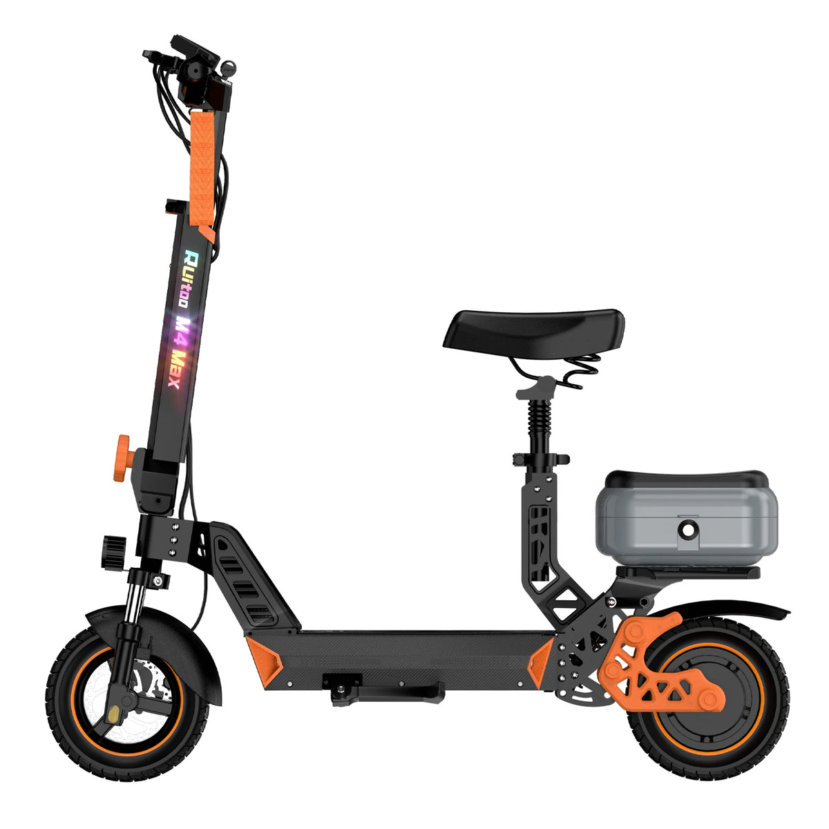 Patinete eléctrico negro y naranja, vista lateral con asiento y batería frontal