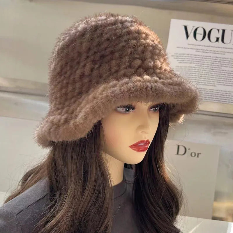 Sombrero de pescador de piel de visón Real para mujer, sombrero de bombardero de piel de visón Natural, sombrero de punto ajustable de lujo, Invierno