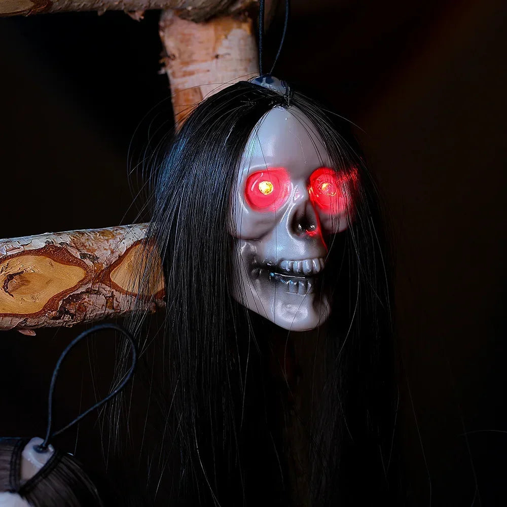 Halloween Ghost Skull with Long Hair Glowing Eyes Terror Skeleton Head Prop Haunted House Decoration for Party Outdoor Yard ﻿