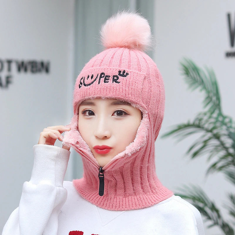 Gorro de invierno de punto para mujer con cremallera, gorro de lana con forro polar y protección contra el viento, ideal para conducir una motocicleta, gorro cálido de estilo coreano.