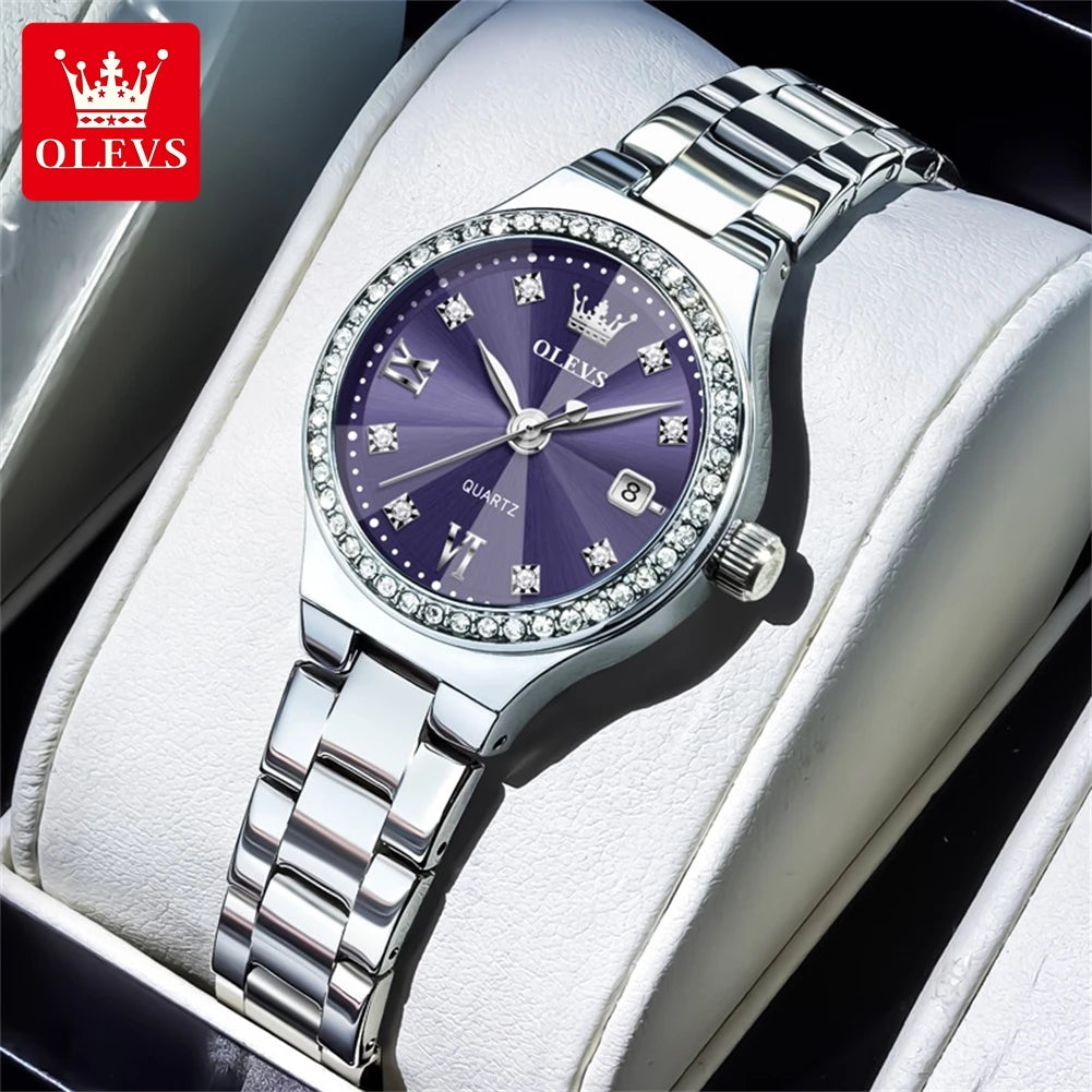 Reloj de cuarzo para mujer OLEVS, elegante y delicado, con espejo de rombos, bisel de diamantes de lujo, correa de acero, calendario, resistente al agua, modelo 5628