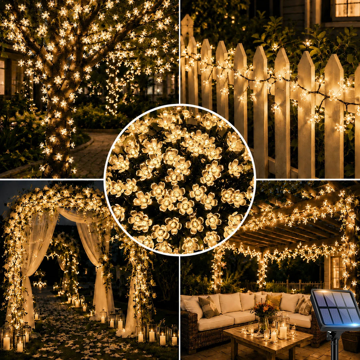 Halloween Lights Solar Cherry Blossom String Lights 5M/7M/12M 20/50/100LED 8 Modes for Garden Patio Haunted House Decor