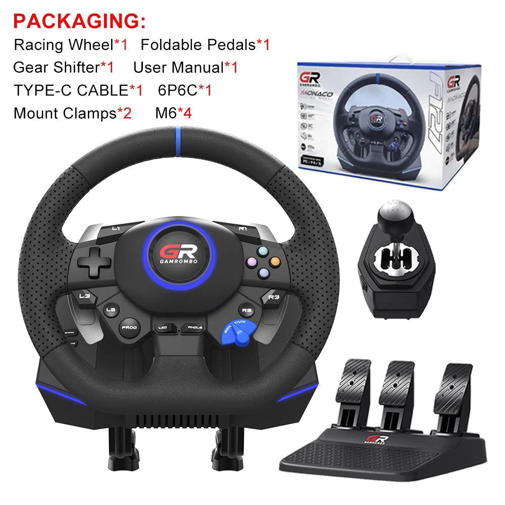 Volante de carreras gaming 270° y 900° con RGB F127, USB, compatible con PS5/PS4/PC, ajuste macro, sensor Hall, juego de 3 pedales y palanca de cambios