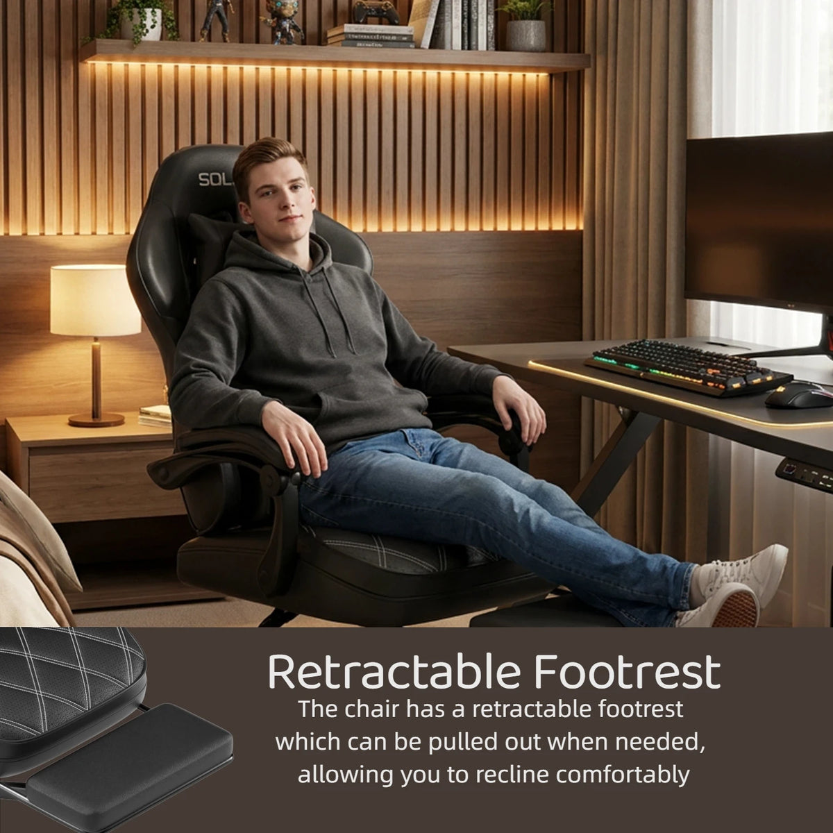 Silla de gaming negra con reposapiés retráctil, asiento acolchado y base con ruedas