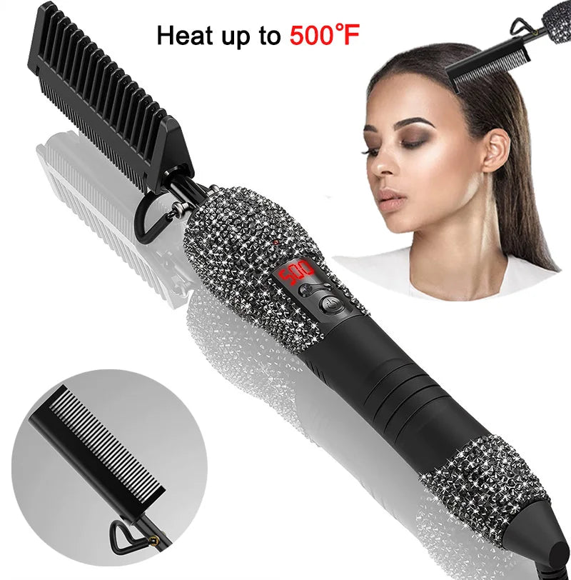Peine eléctrico de alta calefacción, alisador de pelo con diamantes brillantes, LCD Digital