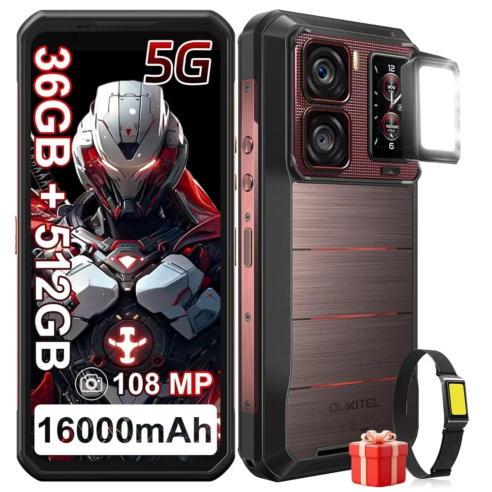 Smartphone OUKITEL WP300 36(12 + 24)GB 512GB Android 15 6,8" FHD+ 120Hz 5G 108MP 16000mAh 45W, luz de camping, teléfonos, relojes inteligentes