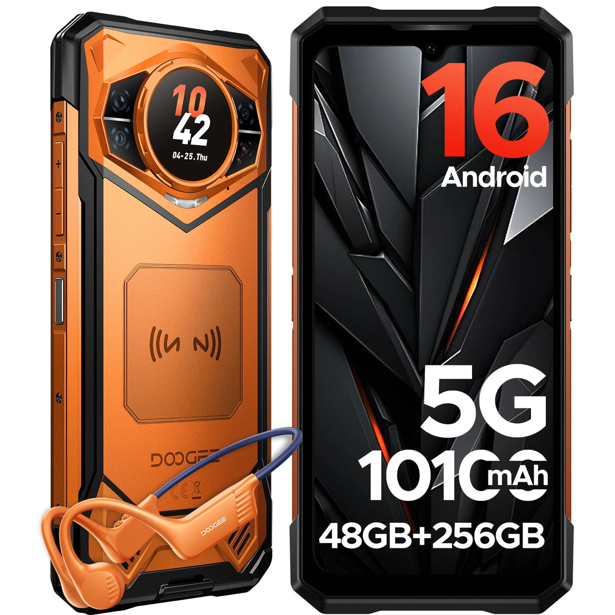 DOOGEE S200E AI Rugged Phone Android 16 1.32" AMOLED Rear Display 10100mAh Battery Dimensity 7050 48GB RAM(8+40) 256GB ROM NFC Google Pay Supports VIP Edition with Bone Conduction Running Headphones