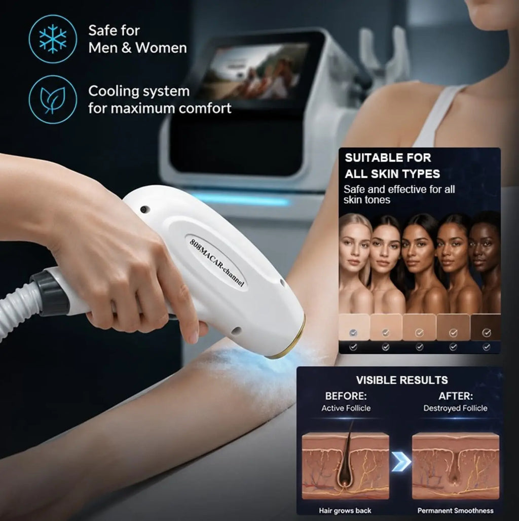 Máquina multifuncional para salones de belleza con láser de diodo 4 en 1, radiofrecuencia (RF), láser DPL y láser Pico: depilación permanente, eliminación de tatuajes y rejuvenecimiento de la piel.