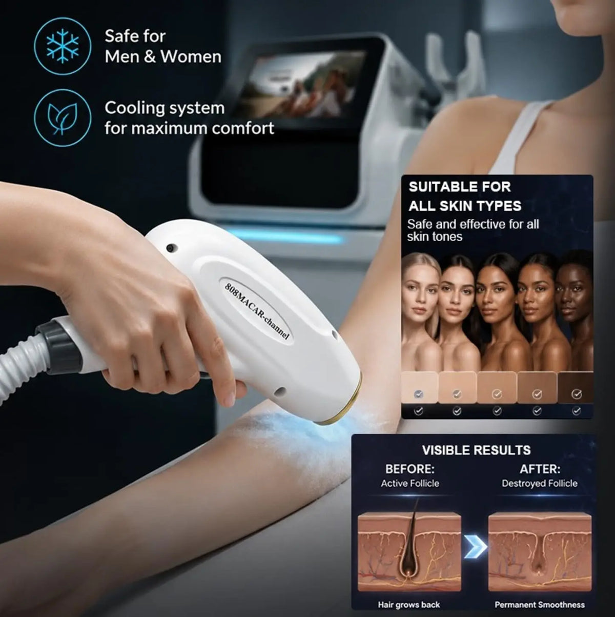 Máquina multifuncional para salones de belleza con láser de diodo 4 en 1, radiofrecuencia (RF), láser DPL y láser Pico: depilación permanente, eliminación de tatuajes y rejuvenecimiento de la piel.