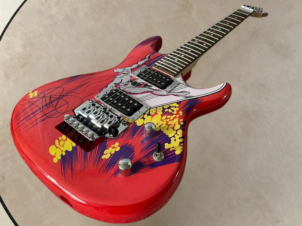 Guitarra eléctrica Joe de 6 cuerdas, color rojo brillante, muy popular, con puente FR Tremolo y conector de entrada (y conector de salida) en la parte inferior del cuerpo.