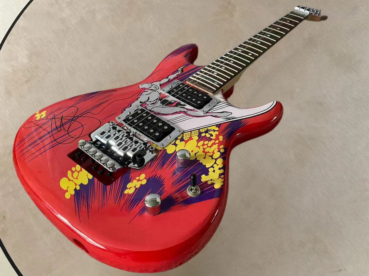 Guitarra eléctrica Joe de 6 cuerdas, color rojo brillante, muy popular, con puente FR Tremolo y conector de entrada (y conector de salida) en la parte inferior del cuerpo.