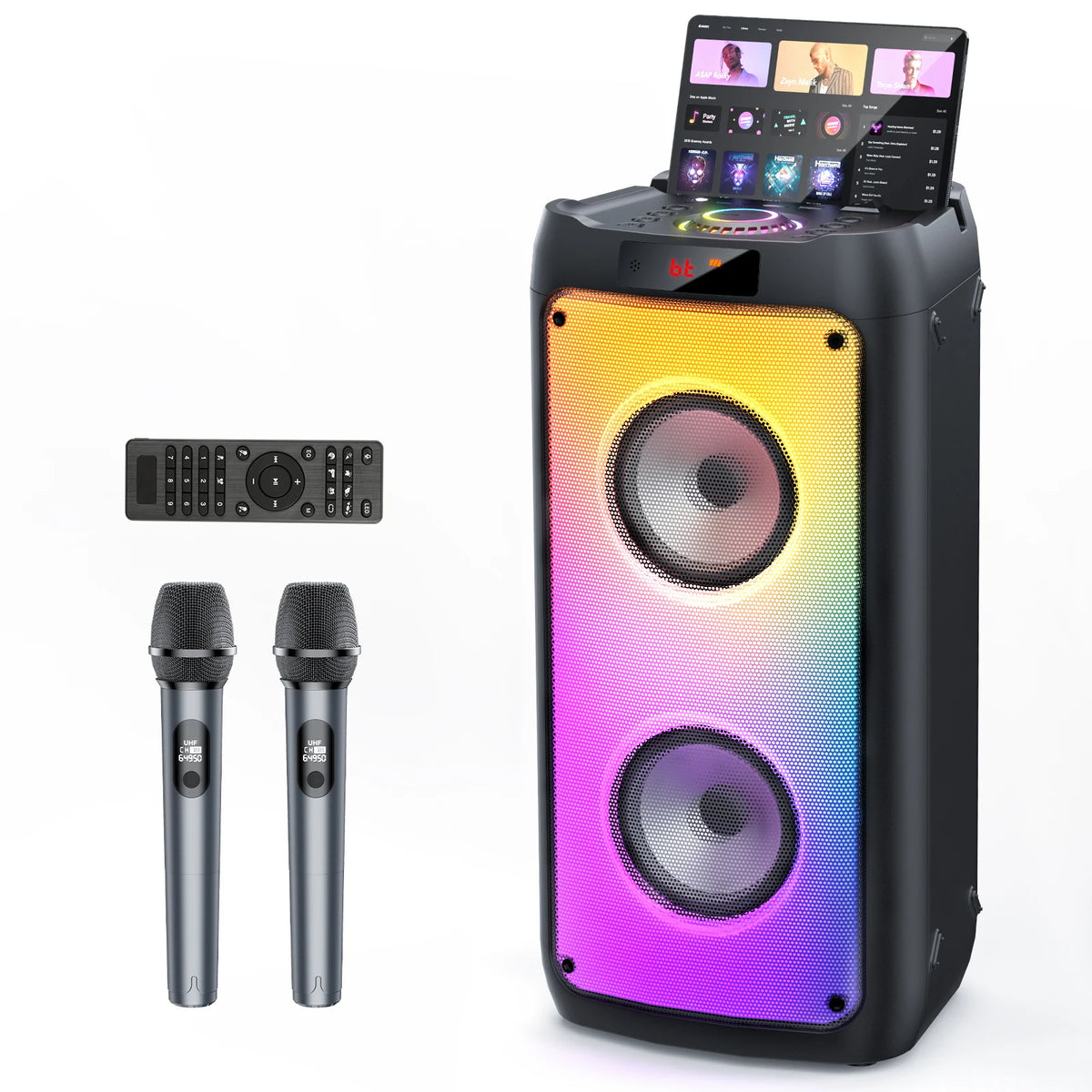 Altavoz inalámbrico Bluetooth T10-T, máquina de karaoke con 2 micrófonos, altavoz de karaoke para fiestas en casa con luz LED, subwoofers de escenario