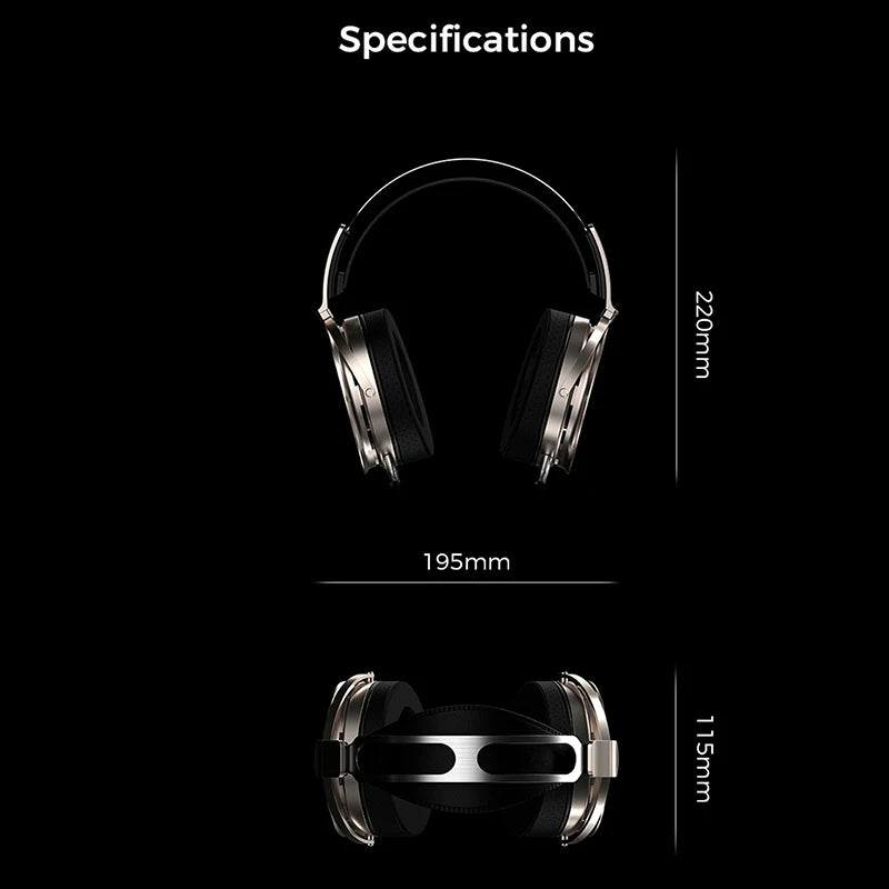 Auriculares HiFi con diadema negra y copas plateadas, vistas superior y frontal